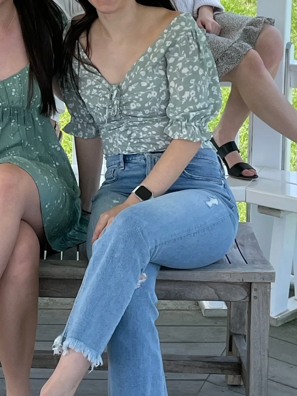 Abercrombie and Fitch Floral Ruched Puff Sleeve Top in Sage Green